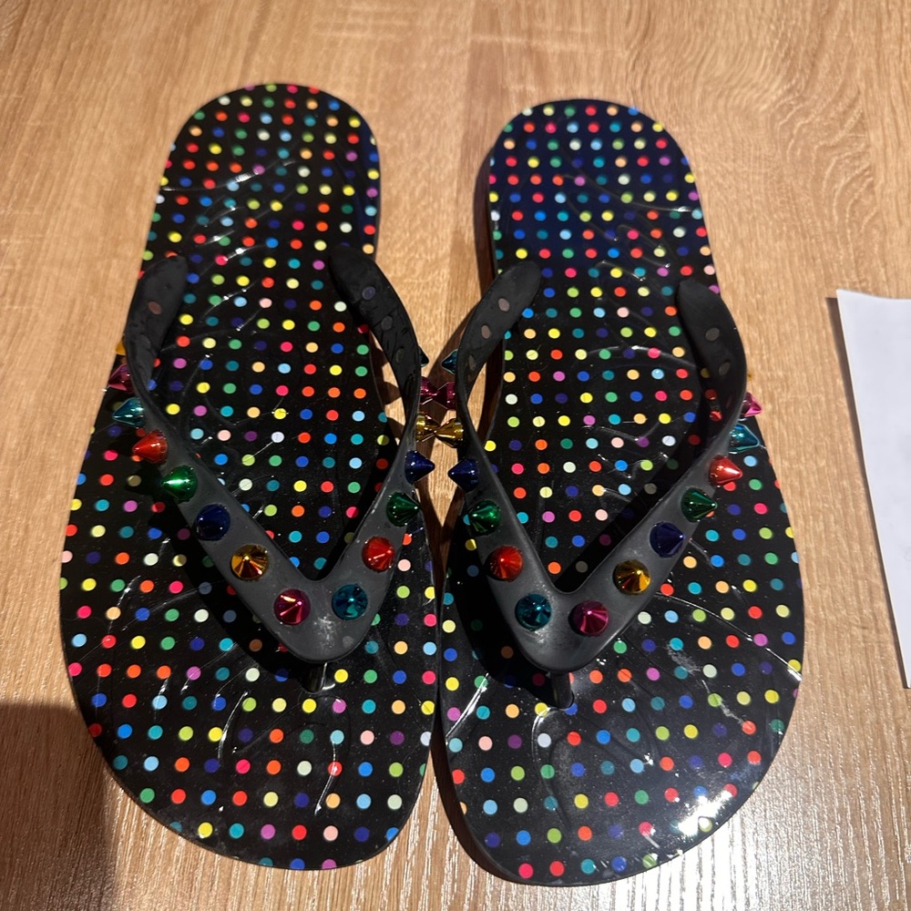 Authentic Christian Louboutin Colorful Polka Dot Flip Flops with Studs